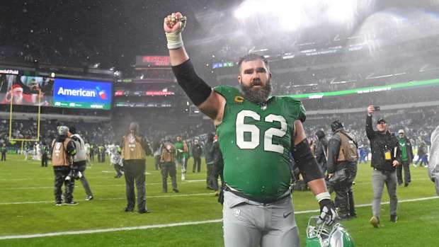 Philadelphia Eagles center Jason Kelce (62) walks off the field after overtime win against the Buffalo Bills at Lincoln Financial Field.